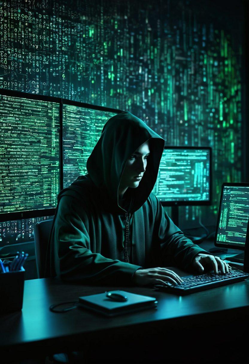 A cloaked figure sitting at a computer in a dimly lit room, surrounded by floating digital icons representing online security and anonymity features. The background features a matrix of code, symbolizing the internet's complexity. Emphasize a sense of mystery and secrecy with soft blue and green tones. super-realistic. dark ambiance. digital glow.