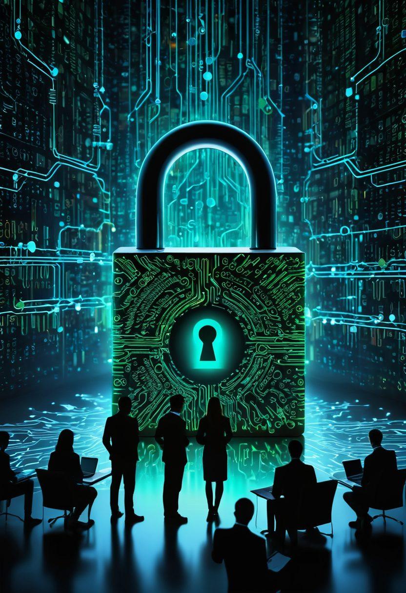 A digital padlock surrounded by an intricate network of glowing binary code, representing data protection. In the background, silhouettes of people working on laptops, showcasing teamwork in cybersecurity. The color palette should include deep blues and bright greens to signify technology and security. Overlay tech symbols like shields and firewalls subtly throughout the image. super-realistic. vibrant colors. white background.