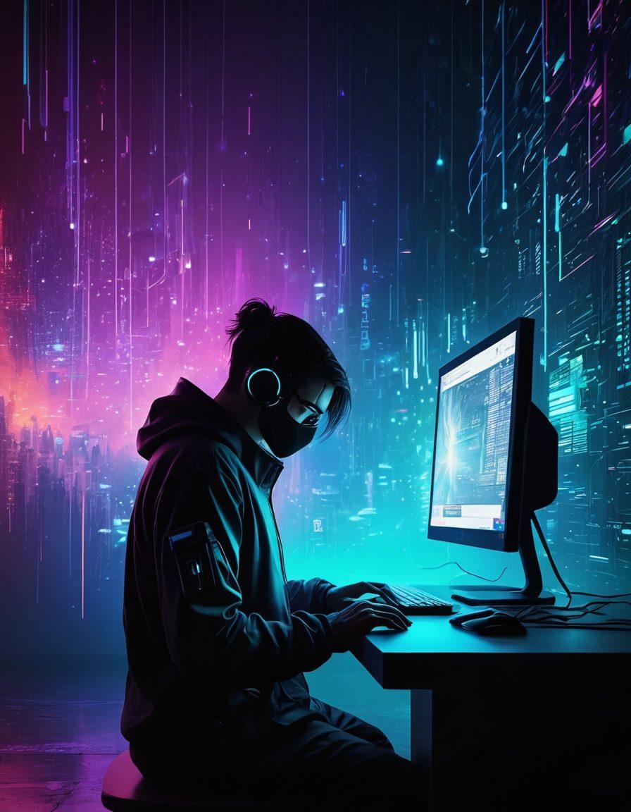 A serene and abstract digital landscape representing online anonymity, featuring a shadowy figure browsing with a discreet, glowing screen, surrounded by chaotic bursts of noise symbolizing the noisy digital world. Incorporate subtle hints of privacy tools like lock icons and cloaks blending into the background, emphasizing protection. The color scheme should be muted with pops of neon to illustrate the contrast between chaos and calmness. cyberpunk. vibrant colors. 3D.